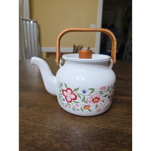 Vintage 80s Gailstyn-Sutton Enamelware Teapot Kettle Country Flower Wood Handle - Picture 2 of 16